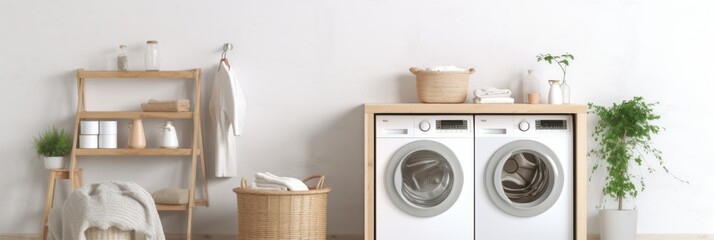 Washing machines in a clean organized neat utility laundry room