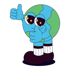 Funky retro groovy planet earth character. Back to school. Children's stationery subjects. Funny study school supplies. Nostalgia 60s, 70s, 80s. Vector for poster, banner, website