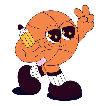 Funky retro groovy basketball ball character with pencil. Back to school. Children's stationery subjects. Funny study school supplies. Nostalgia 60s, 70s, 80s. Vector for poster, banner, website