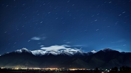  a night scene of a mountain range with stars in the sky and a city in the foreground with a mountain range in the background.