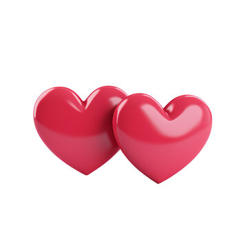 Couple of 3d red hearts illustration icon isolated on white transparent background. Love hearts