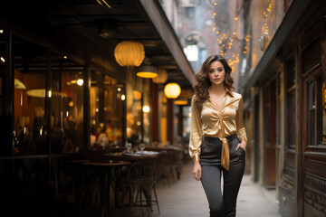 Young woman in a gold blouse walking through the streets of a city.. Generative Ai image.