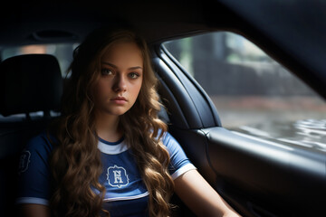 Young woman inside a car. Generative AI image.