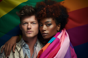 Couple of fit people belonging to LGBT+ community posing with rainbow flag. Fit brunette male and beautiful black woman with make up hug each other - obrazy, fototapety, plakaty