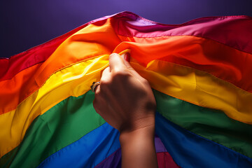 A beautiful hand of a young caucasian female is folding a rainbow flag and waving it. 