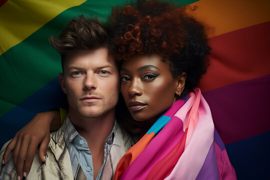 Couple Of Fit People Belonging To LGBT+ Community Posing With Rainbow Flag. Fit Brunette Male And Beautiful Black Woman With Make Up Hug Each Other