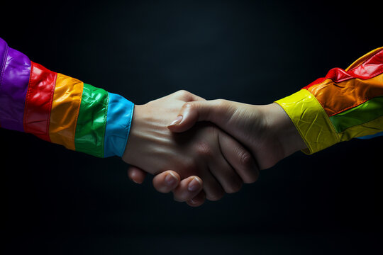 Handshake between two caucasian people on a black background. Friendship, cooperation, trust and unity for LGBT+ community. Bothe people are wearing colourful clothes