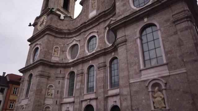 DOLLY SHOT - The St. James Cathedral, or Innsbruck Cathedral, is an eighteenth-century Baroque cathedral of the Roman Catholic Diocese of Innsbruck in the city of Innsbruck, Austria.