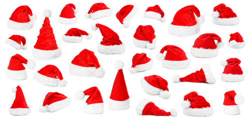Set of many Santa hats isolated on white