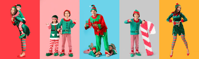 Collage of happy Christmas elves on color background