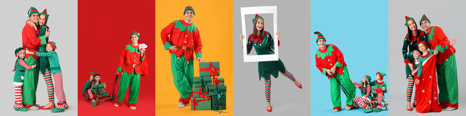 Group of happy Christmas elves on color background