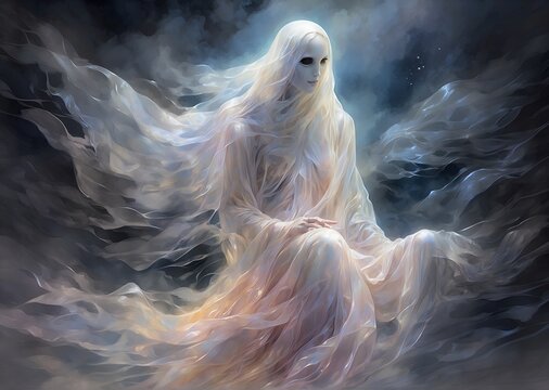 A mesmerizingly ethereal apparition, a digital specter materializes with a luminous glow on a watercolor canvas. The image depicts a stunningly detailed painting, showcasing an otherworldly ghost