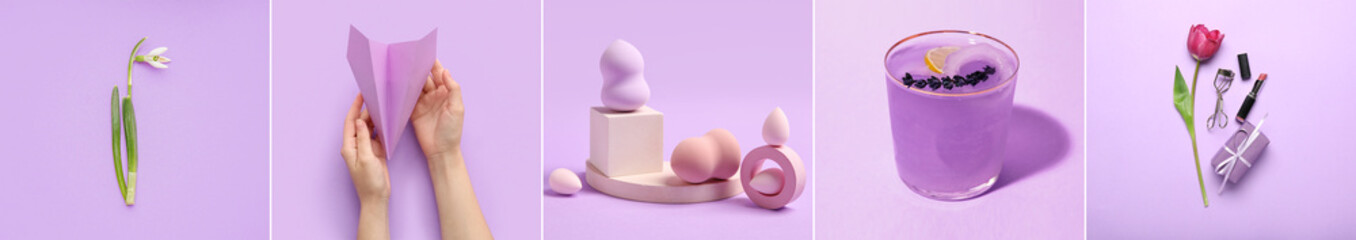 Collage of different items on lilac background