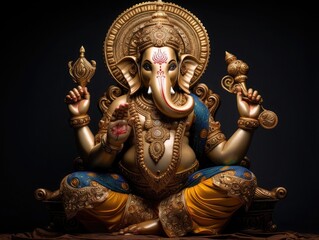 Lord Ganesha hindu god sitting on lotus sit, ganpati god image with dark background - obrazy, fototapety, plakaty