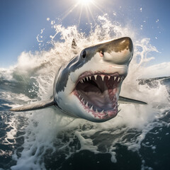 A Photorealistic Shot of a shark with an open jaw, Viewed from a Ship on a Sunny Day - A Spectacular Display of Marine Elegance and Natural Beauty.