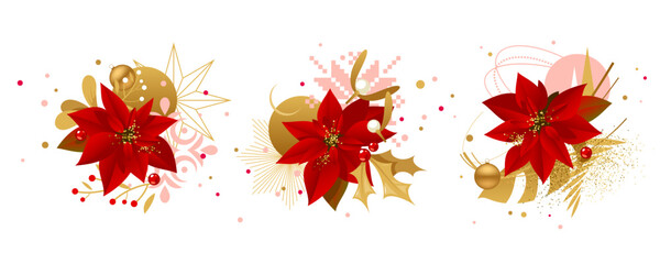 Christmas set with red poinsettia flowers, holly and golden decorative elements - 684804859