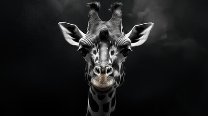  a black and white photo of a giraffe's face with a cloud of smoke in the background.