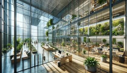 Trees and green environment in eco-friendly glass office: Sustainable building - obrazy, fototapety, plakaty