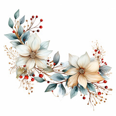 Christmas Watercolor Floral Wreath with foliage, flowers and berries