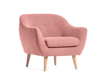 Modern pink armchair on white background