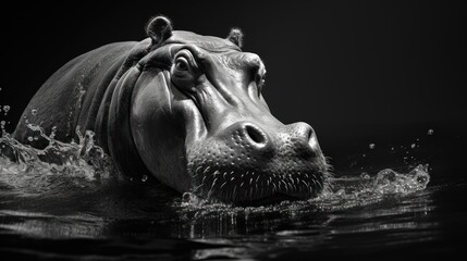  a close up of a hippopotamus in a body of water with it's head sticking out of the water.