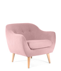 Modern pink armchair on white background