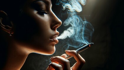 Cannabis smoke inhalation - woman with marijuana weed joint - obrazy, fototapety, plakaty