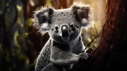  a digital painting of a koala bear sitting in a tree looking at the camera with a smile on its face.