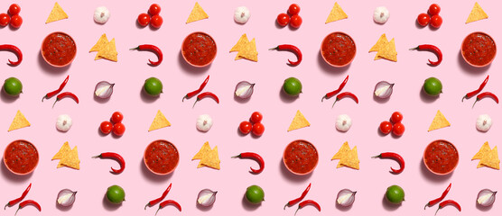 Bowl of tasty salsa sauce with ingredients on color background - obrazy, fototapety, plakaty