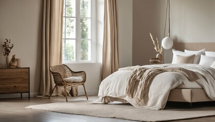 Warm bedroom with midwinter window view - cozy, snowy landscape