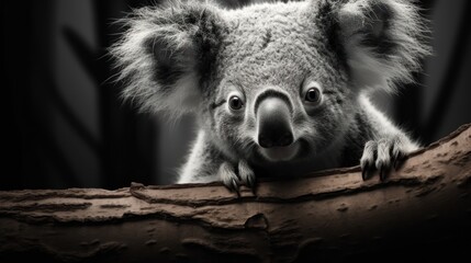 Naklejka premium a black and white photo of a koala bear on a tree branch with its head hanging over a branch.