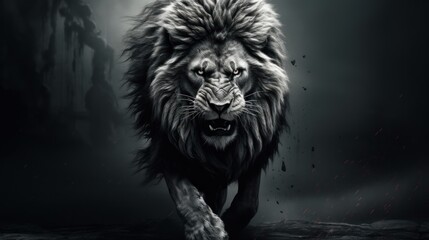  a black and white photo of a lion running through a dark forest with a full moon in the sky in the background.