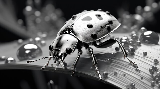  a black and white photo of a ladybug on a leaf with drops of water on its back legs.