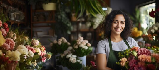 Smiling attractive hispanic female Small business owner in her florist shop - Powered by Adobe