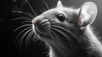  a black and white photo of a rat looking up at the camera with its head turned slightly to the right.
