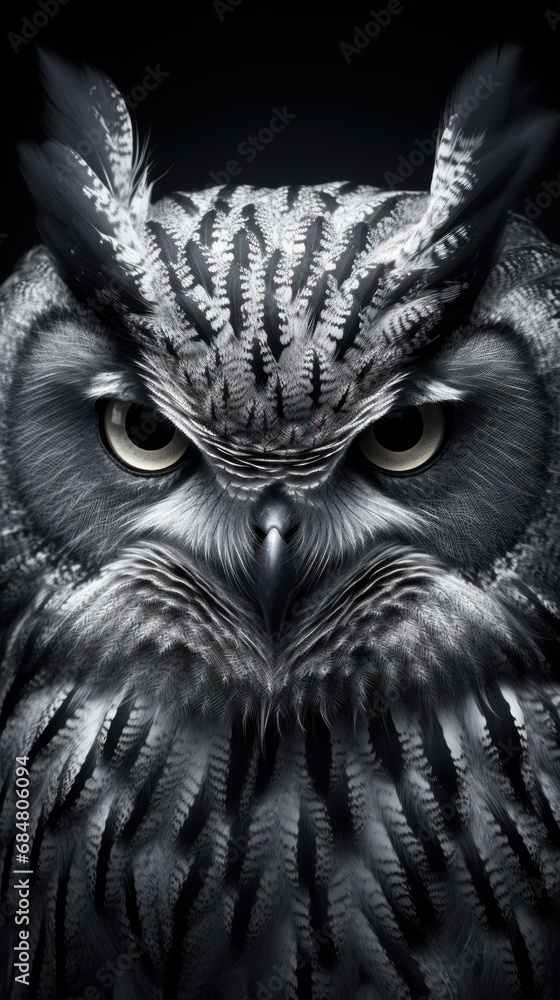 Poster  a black and white photo of an owl's face with a feathery pattern on it's head.