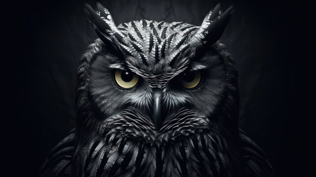  a black and white photo of an owl's face with a yellow - eyed owl's head in the background.
