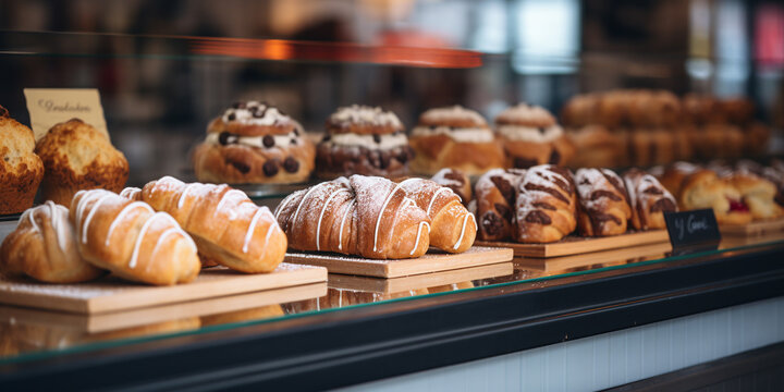 Sweet and cute whole cakes are lined up in a display case full of different types of baked goods. The event concept is suitable for birthdays and Christmas. ai generative