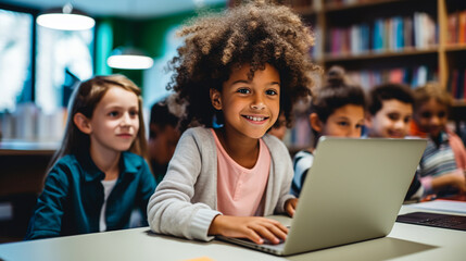 children at school study using a laptop. ai generative