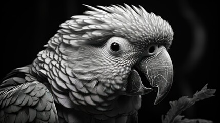 Obraz premium a black and white photo of a parrot with its mouth open and a leaf in front of it's face.