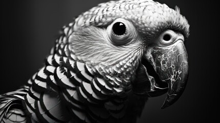  a black and white photo of a parrot with its mouth open and eyes wide open, with a black background.