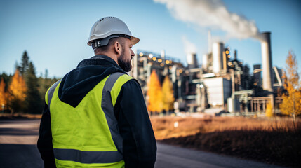 Obraz premium manager in a hard hat against the background of a plant or factory. ai generative