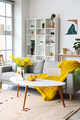 Cozy sofa with modern laptop and plaid in interior of stylish living room