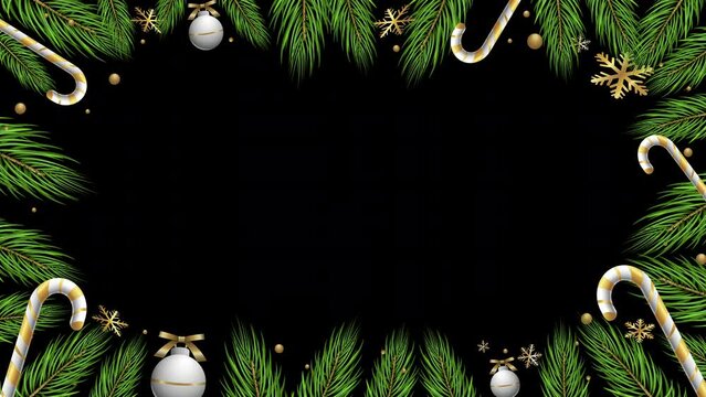 4K animation Design New Year and Christmas tree leaves with Christmas Black Backdrop Template Rotating frame template design Rotating realistic pine tree fresh branches with Christmas Decorations