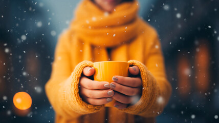 female hand holding cup of coffee on background of snowy forest