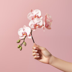 Female hand holding a orchid on pink background, Generative AI