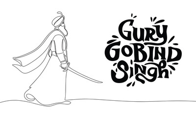 Guru Gobind Singh banner with one line continuous Guru Gobind Singh. Line art Guru Gobind Singh with handwriting inscription Guru Gobind Singh. Hand drawn vector art. - obrazy, fototapety, plakaty