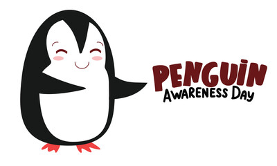 Fototapeta premium Penguin Awareness Day banner. Cute penguin isolated on white background. Handwriting text Penguin Awareness Day. Hand drawn vector art.