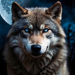 Naklejka na ściany i meble Blue-Eyed Wolf Moon Generative AI