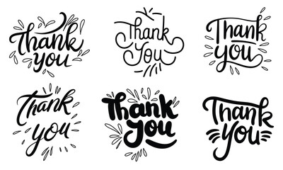 Collection of Thank you lettering inscription. Set of handwriting thank you text in black color. Hand drawn vector art.  - obrazy, fototapety, plakaty